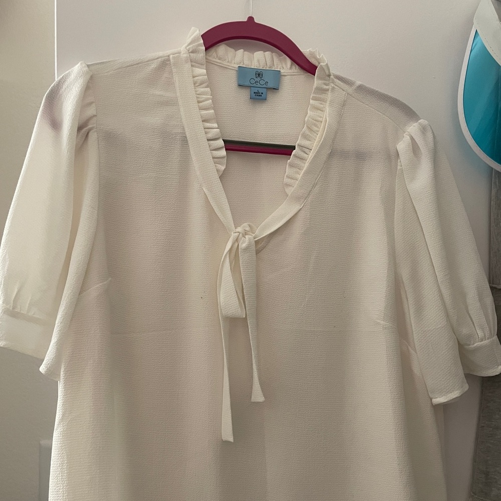 CeCe Off white sheer blouse with bow